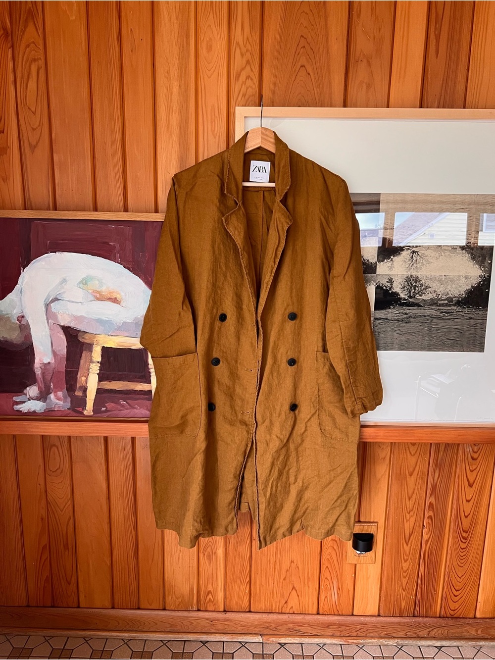 Zara saffron Brown Double-Breasted Linen Coat